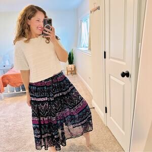 Vintage Tara Petite Purple Blue Sheer Gauze Block Print Ikat Maxi Skirt Large